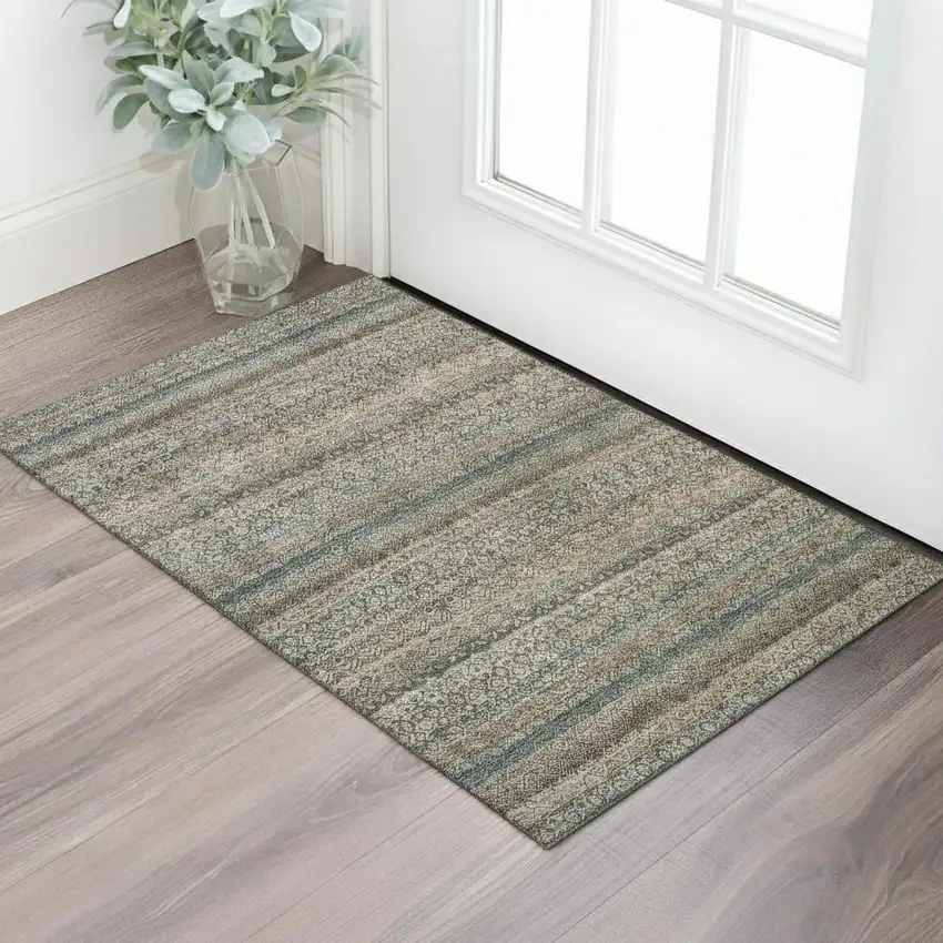 Chocolate And Gray Striped Washable Area Rug With UV Protection Photo 2