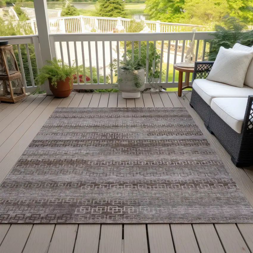 Chocolate And Gray Striped Washable Indoor Outdoor Area Rug Photo 8