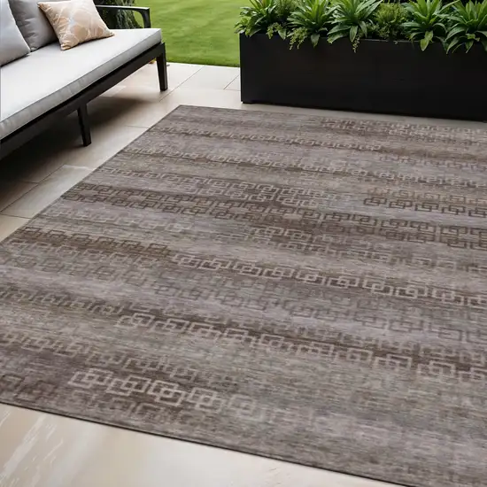 Chocolate And Gray Striped Washable Indoor Outdoor Area Rug Photo 2
