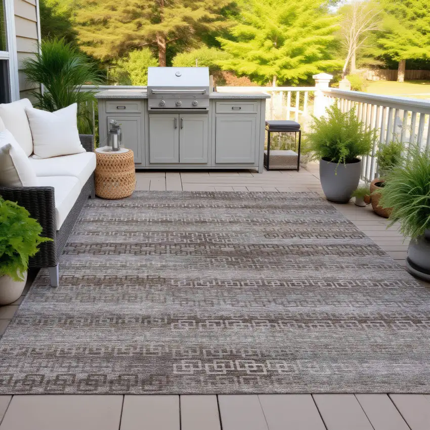Chocolate And Gray Striped Washable Indoor Outdoor Area Rug Photo 5