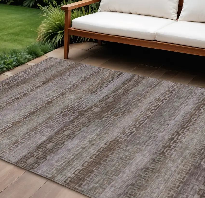 Chocolate And Gray Striped Washable Indoor Outdoor Area Rug Photo 2