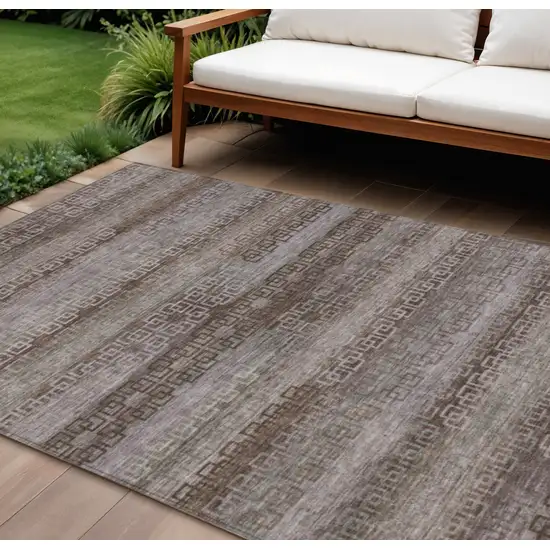 Chocolate And Gray Striped Washable Indoor Outdoor Area Rug Photo 2