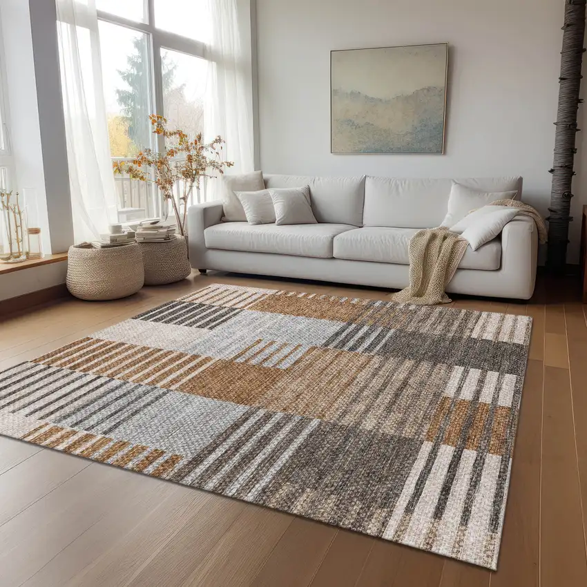 Chocolate And Gray Striped Washable Indoor Outdoor Area Rug Photo 9