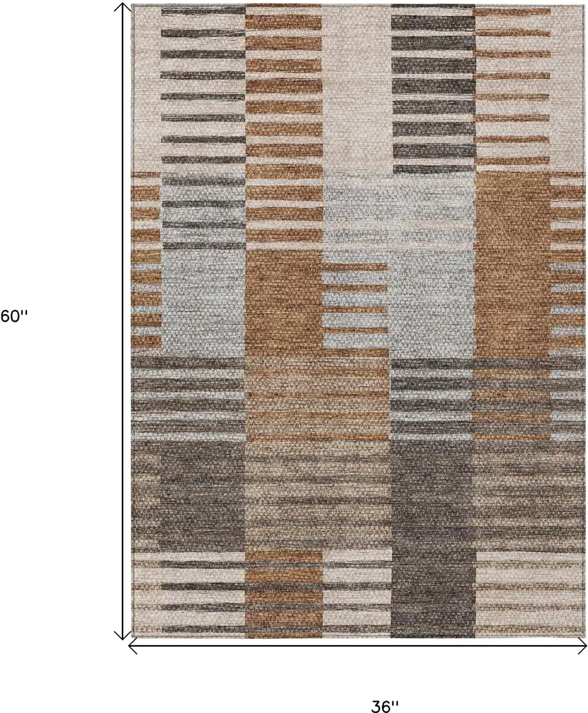 Chocolate And Gray Striped Washable Indoor Outdoor Area Rug Photo 3