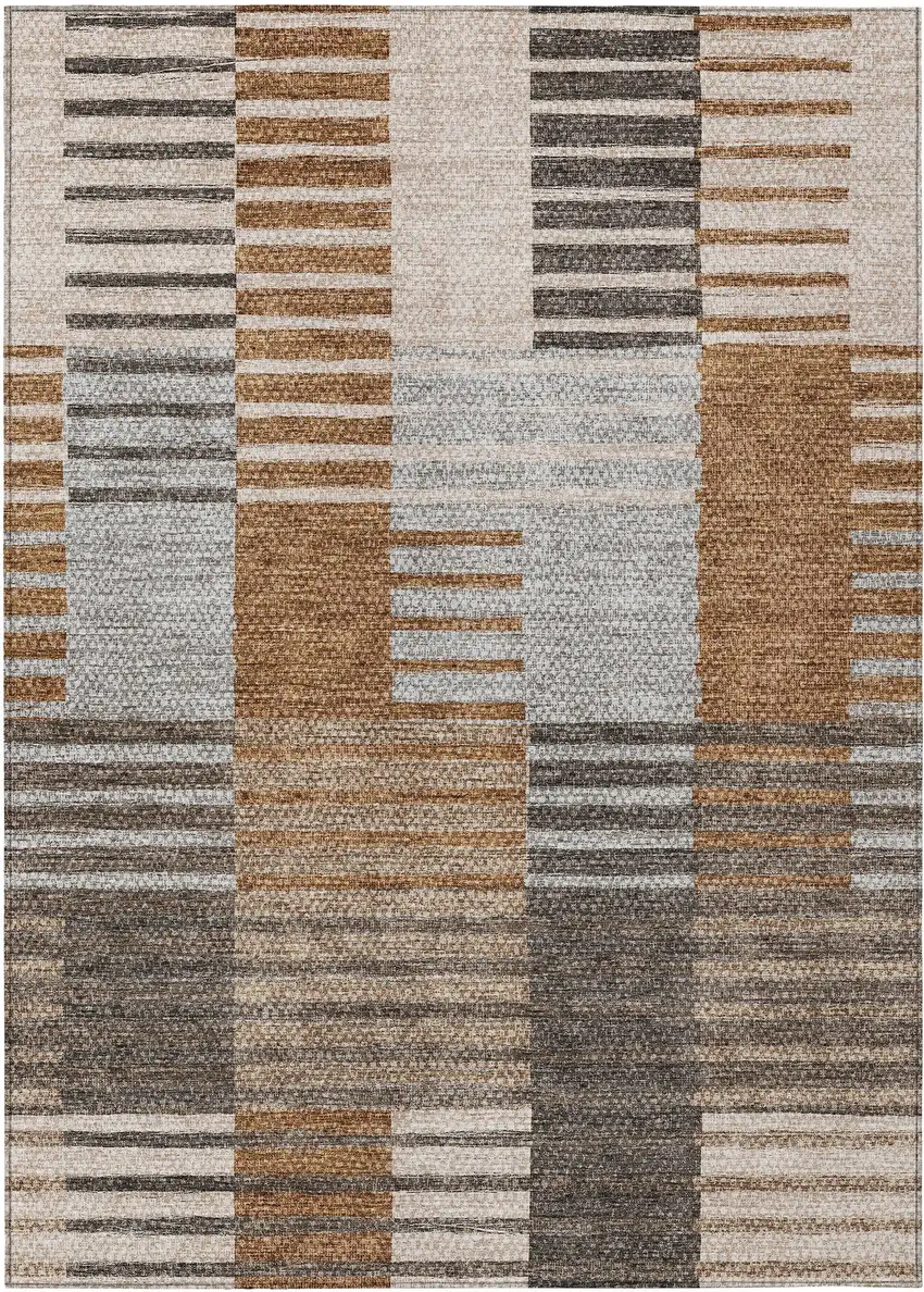 Chocolate And Gray Striped Washable Indoor Outdoor Area Rug Photo 2