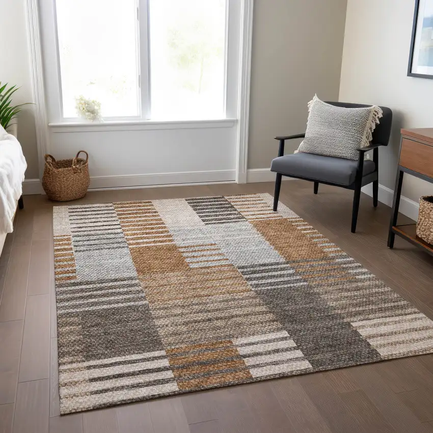 Chocolate And Gray Striped Washable Indoor Outdoor Area Rug Photo 8