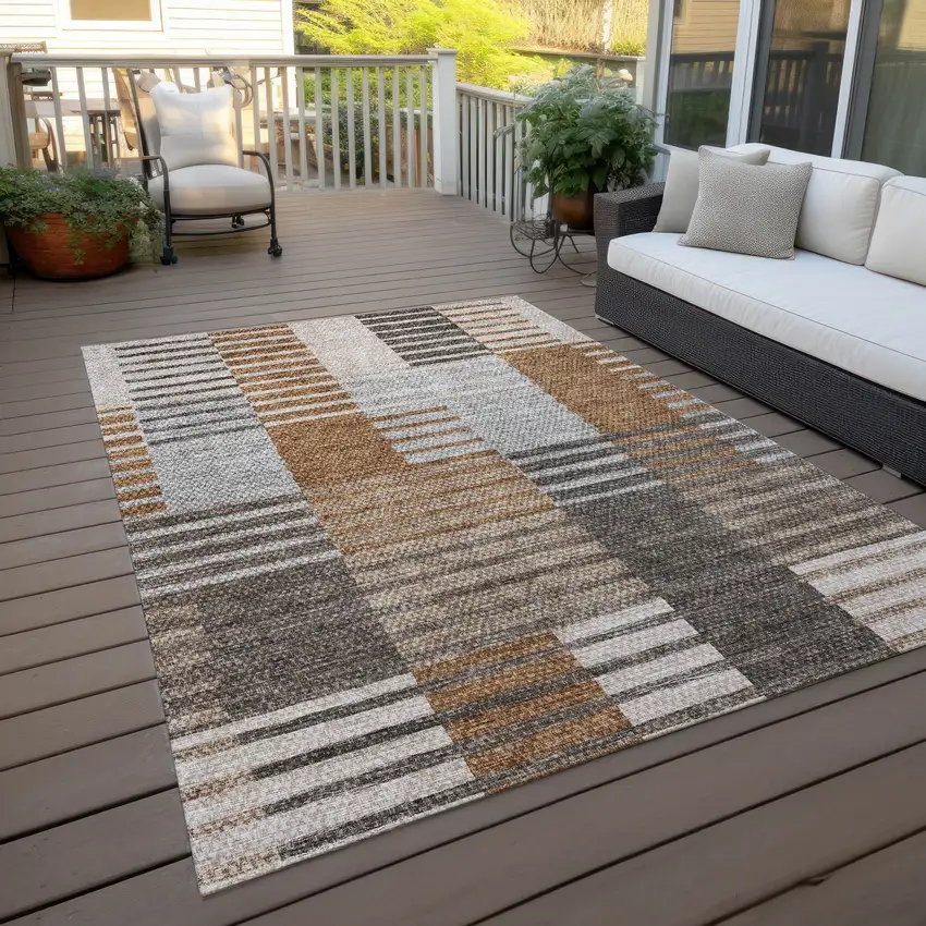 Chocolate And Gray Striped Washable Indoor Outdoor Area Rug Photo 7