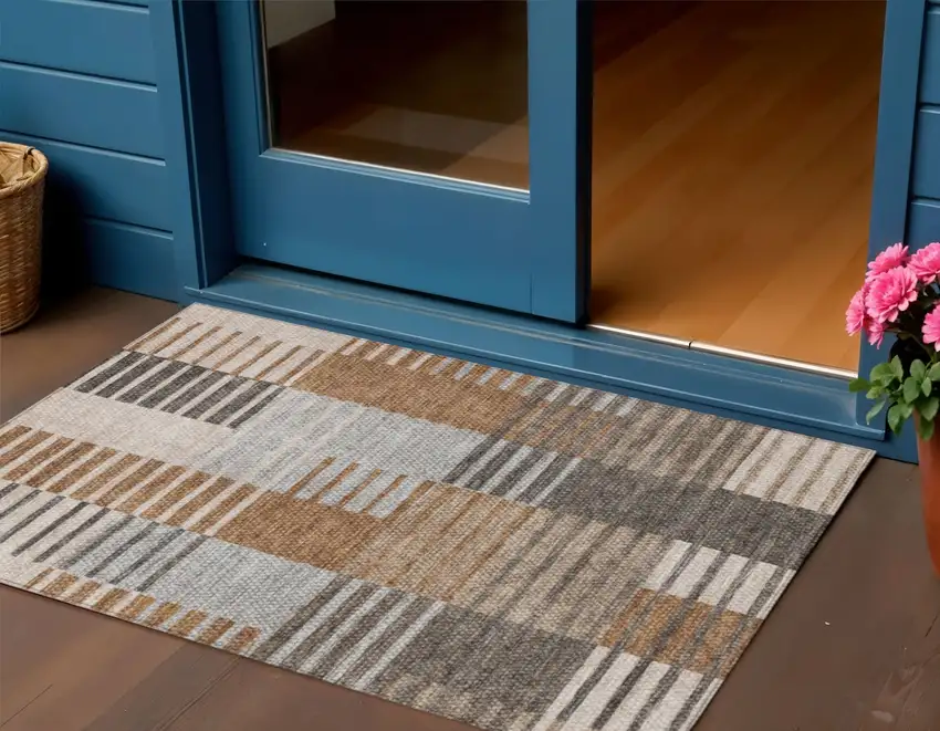 Chocolate And Gray Striped Washable Indoor Outdoor Area Rug Photo 1