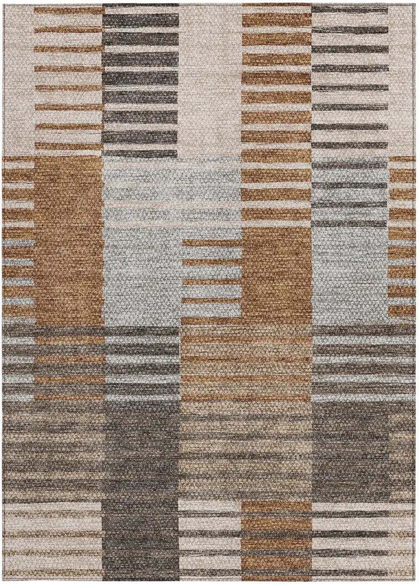 Chocolate And Gray Striped Washable Indoor Outdoor Area Rug Photo 6