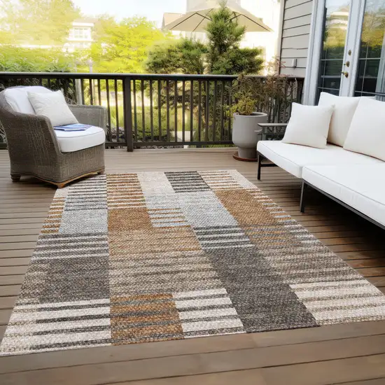 Chocolate And Gray Striped Washable Indoor Outdoor Area Rug Photo 9