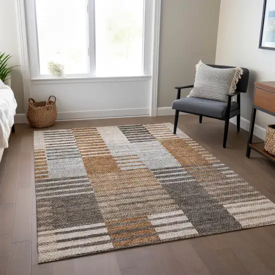 Chocolate And Gray Striped Washable Indoor Outdoor Area Rug Photo 8