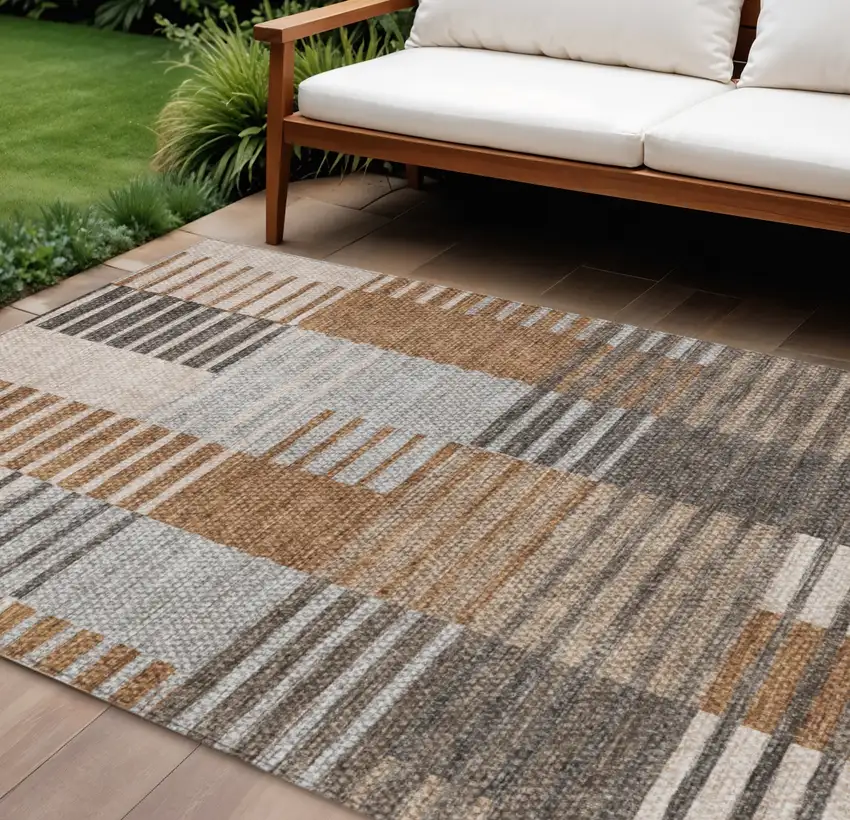 Chocolate And Gray Striped Washable Indoor Outdoor Area Rug Photo 1