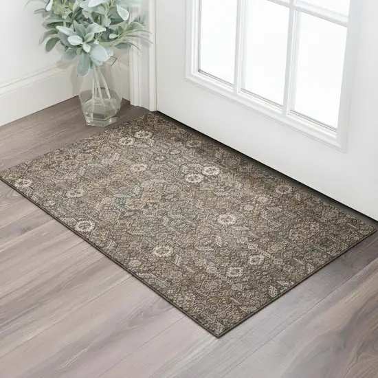 Chocolate And Gray Tribal Washable Area Rug With UV Protection Photo 1