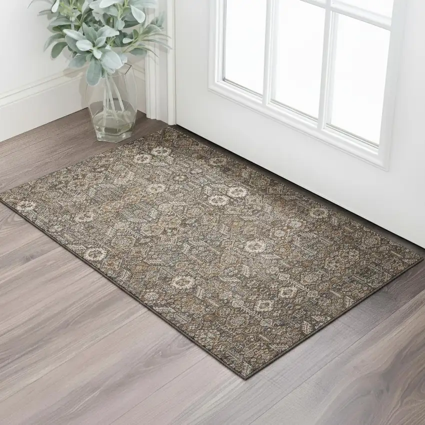 Chocolate And Gray Tribal Washable Area Rug With UV Protection Photo 1