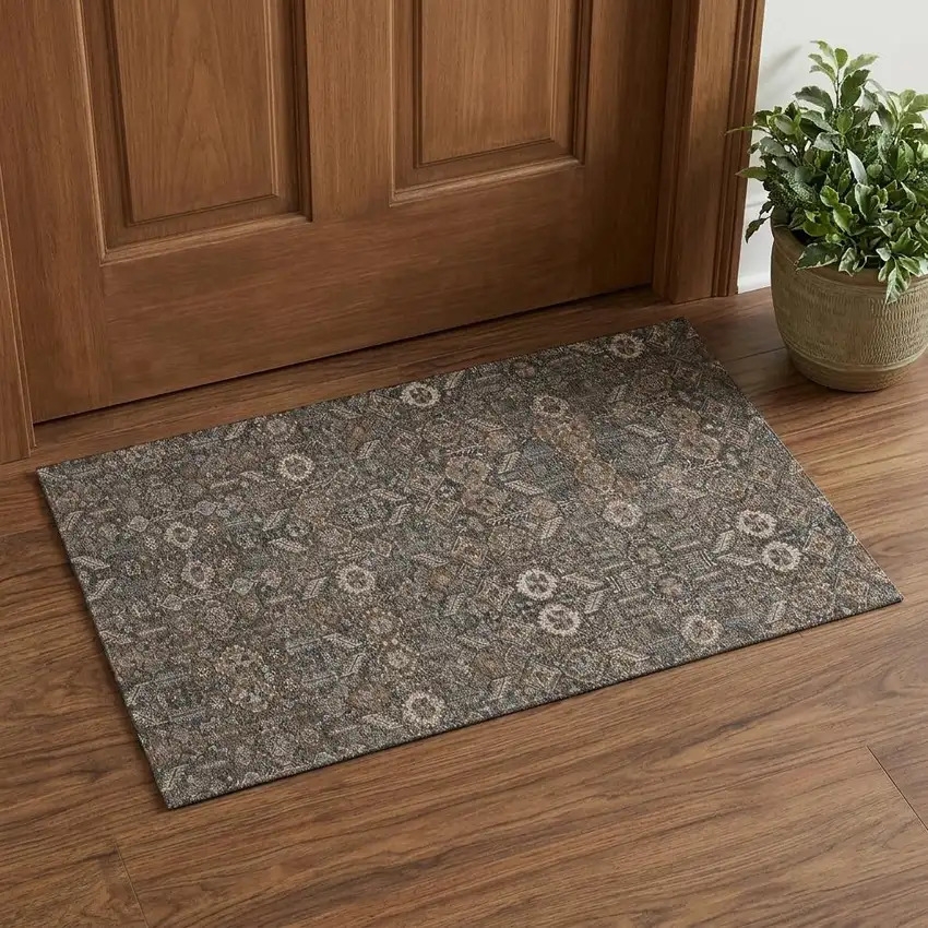 Chocolate And Gray Tribal Washable Area Rug With UV Protection Photo 1