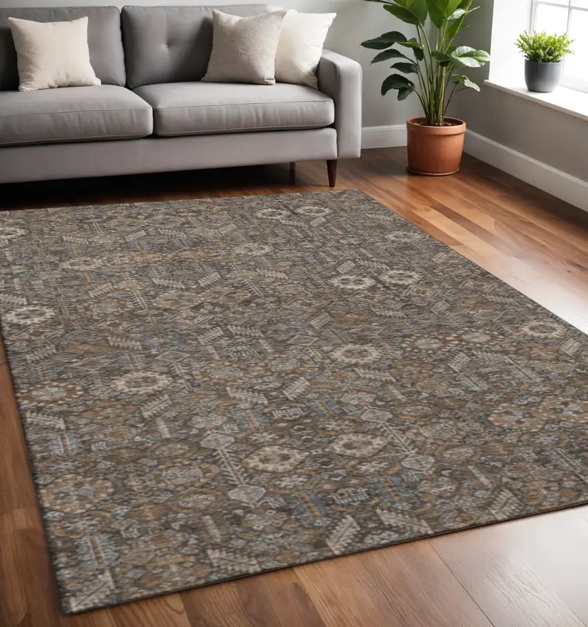 Chocolate And Gray Tribal Washable Area Rug With UV Protection Photo 2