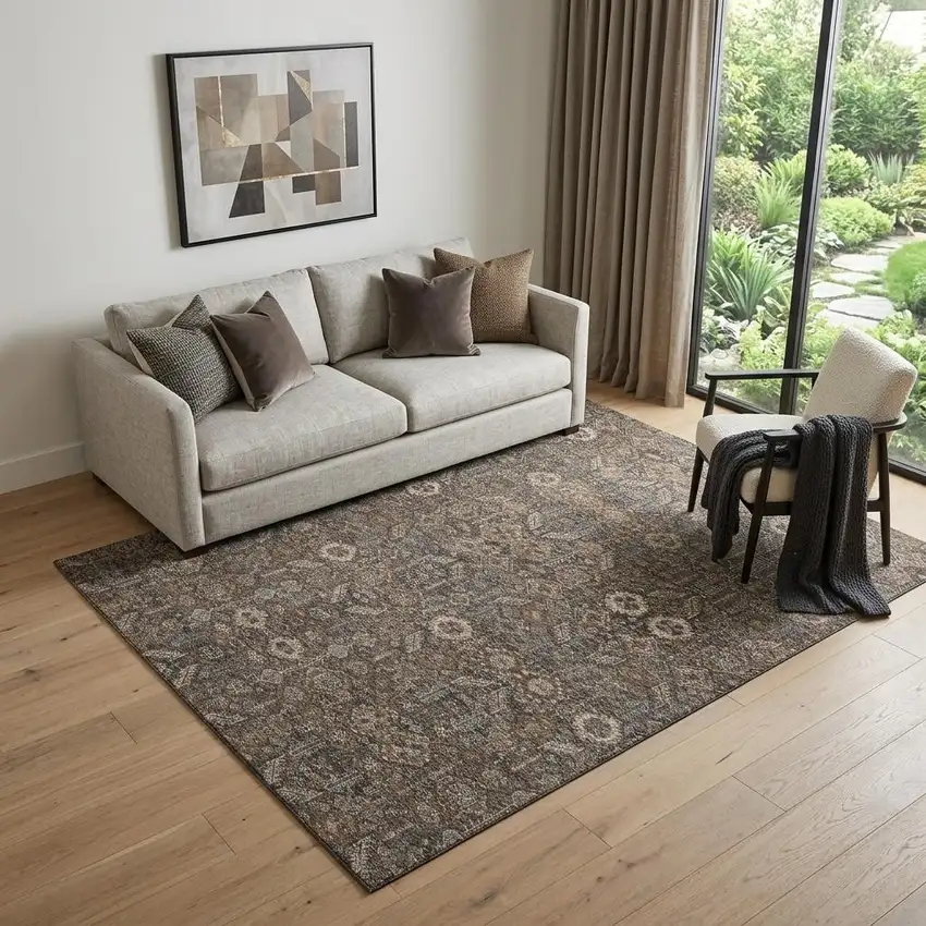Chocolate And Gray Tribal Washable Area Rug With UV Protection Photo 1