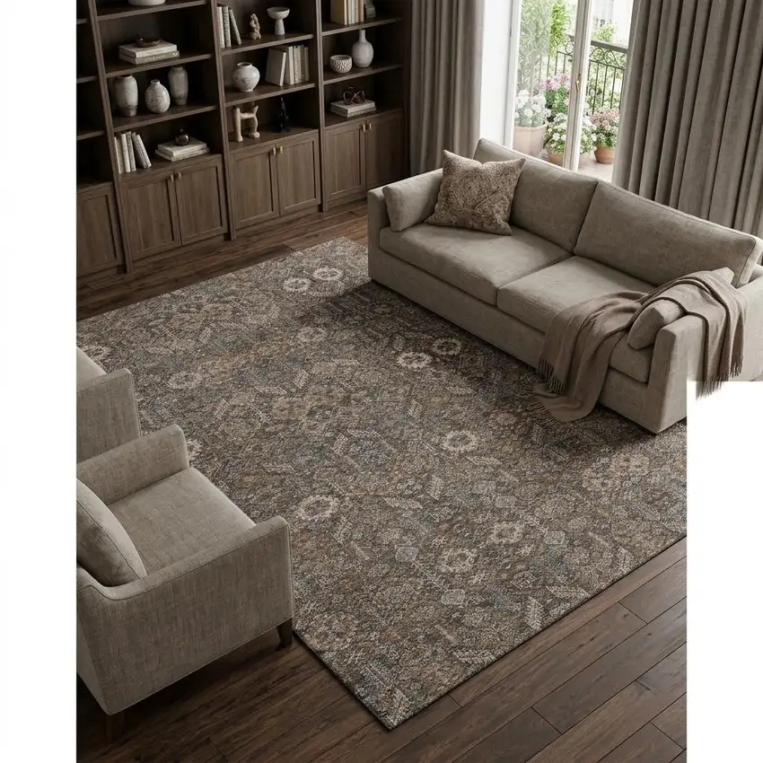 Chocolate And Gray Tribal Washable Area Rug With UV Protection Photo 1