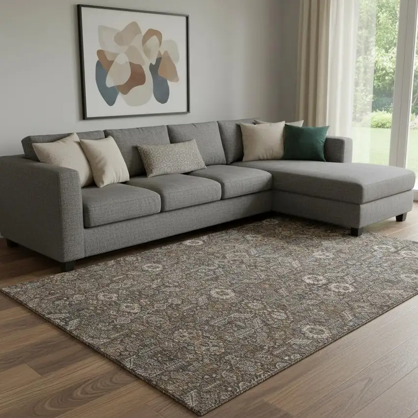 Chocolate And Gray Tribal Washable Area Rug With UV Protection Photo 1