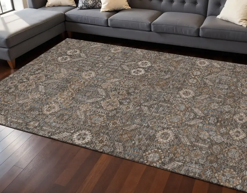 Chocolate And Gray Tribal Washable Area Rug With UV Protection Photo 2