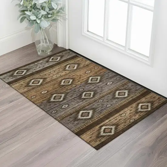 Chocolate And Gray Tribal Washable Area Rug With UV Protection Photo 2