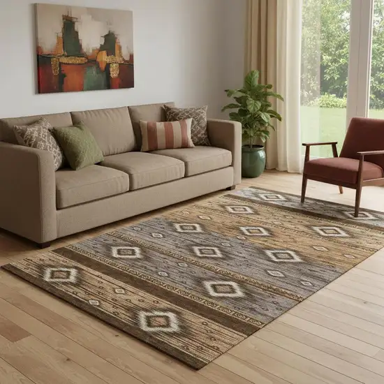 Chocolate And Gray Tribal Washable Area Rug With UV Protection Photo 2