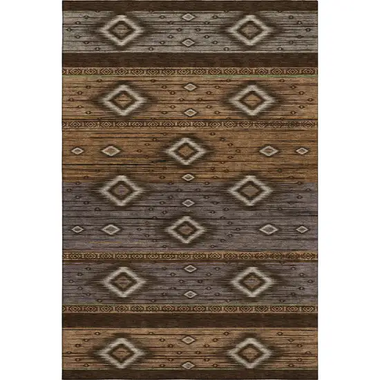 Chocolate And Gray Tribal Washable Area Rug With UV Protection Photo 1