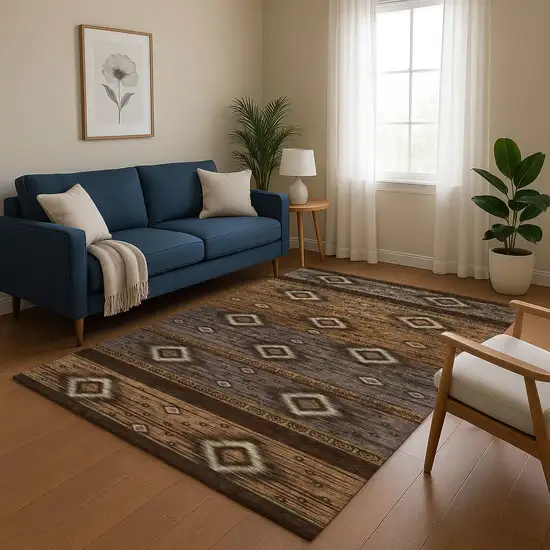 Chocolate And Gray Tribal Washable Area Rug With UV Protection Photo 5