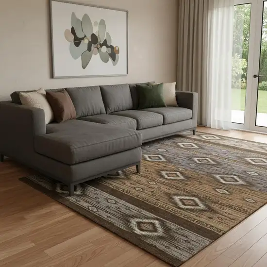 Chocolate And Gray Tribal Washable Area Rug With UV Protection Photo 2