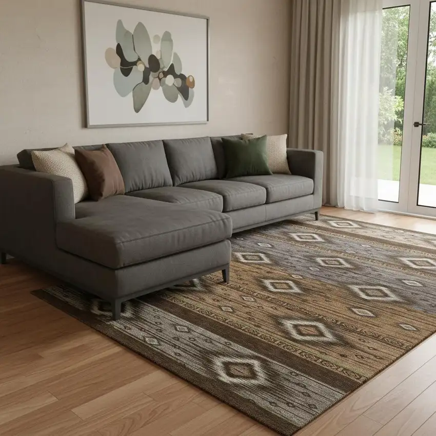 Chocolate And Gray Tribal Washable Area Rug With UV Protection Photo 2