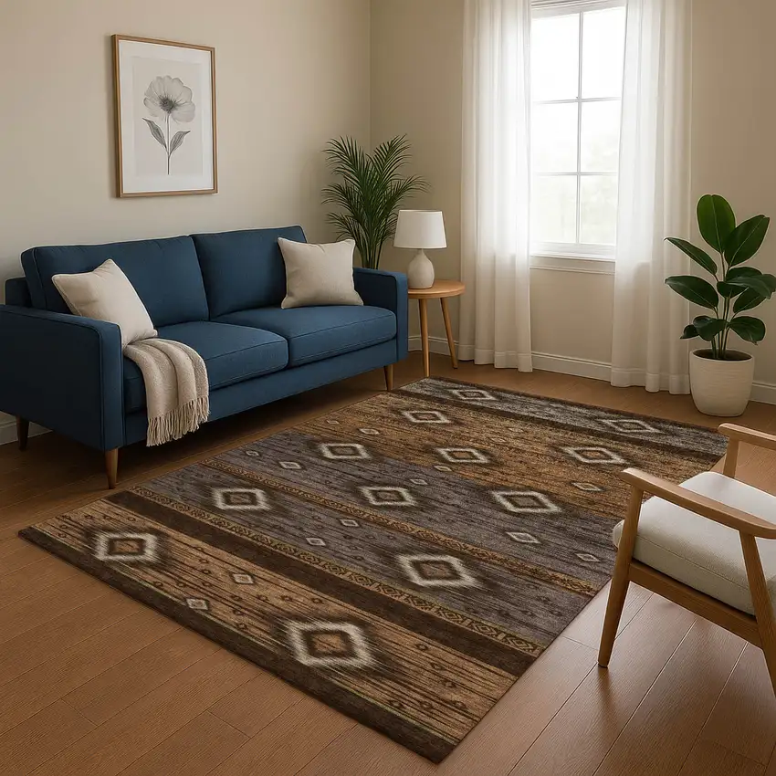 Chocolate And Gray Tribal Washable Area Rug With UV Protection Photo 5