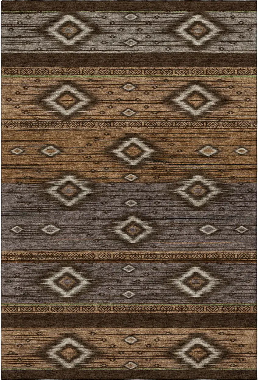 Chocolate And Gray Tribal Washable Area Rug With UV Protection Photo 4
