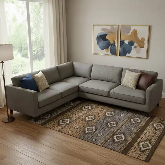 Chocolate And Gray Tribal Washable Area Rug With UV Protection Photo 2