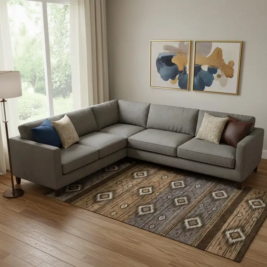 Chocolate And Gray Tribal Washable Area Rug With UV Protection Photo 2