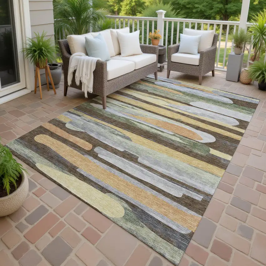 Chocolate And Green Abstract Washable Indoor Outdoor Area Rug Photo 4