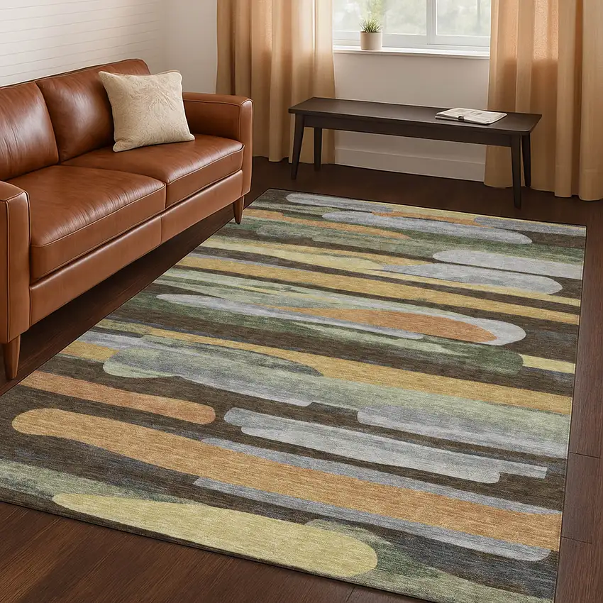 Chocolate And Green Abstract Washable Indoor Outdoor Area Rug Photo 5