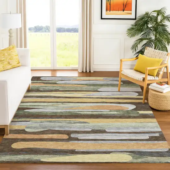 Chocolate And Green Abstract Washable Indoor Outdoor Area Rug Photo 6