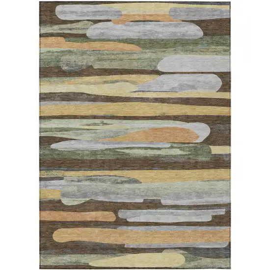 Chocolate And Green Abstract Washable Indoor Outdoor Area Rug Photo 1