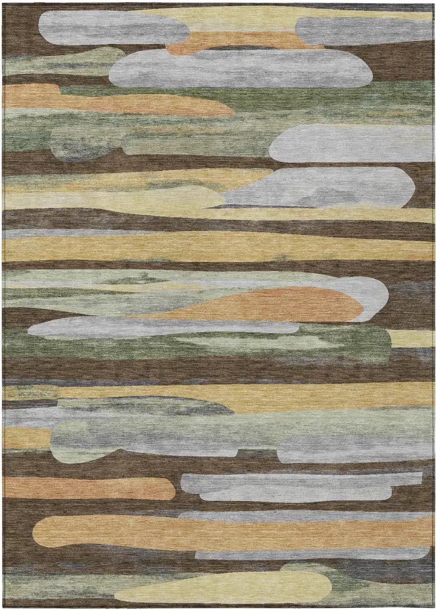 Chocolate And Green Abstract Washable Indoor Outdoor Area Rug Photo 1