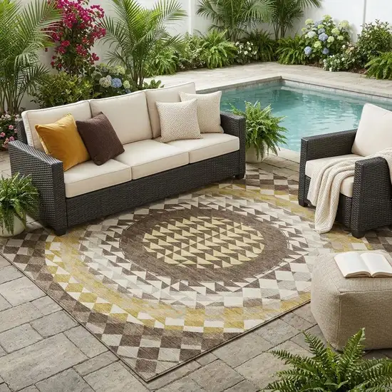 Chocolate And Green Geometric Washable Indoor Outdoor Area Rug Photo 1