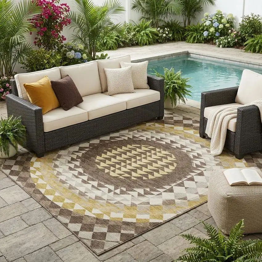 Chocolate And Green Geometric Washable Indoor Outdoor Area Rug Photo 1