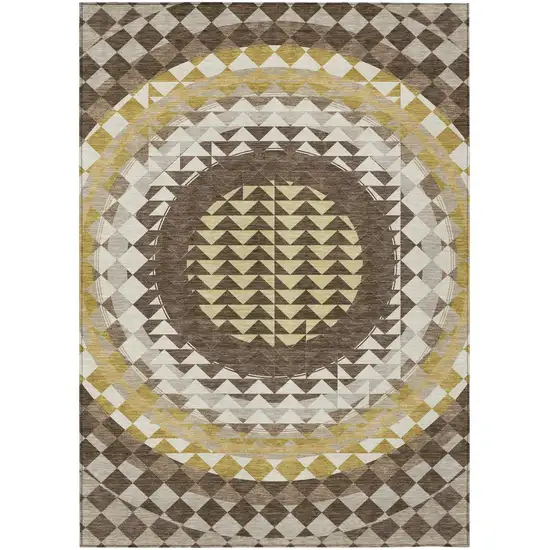 Chocolate And Green Geometric Washable Indoor Outdoor Area Rug Photo 2