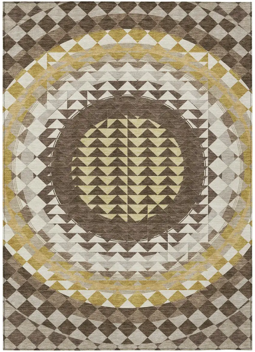 Chocolate And Green Geometric Washable Indoor Outdoor Area Rug Photo 2