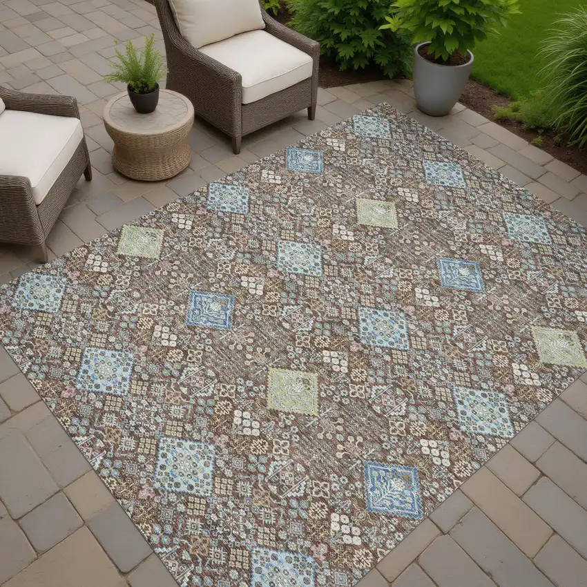 Chocolate And Green Oriental Washable Indoor Outdoor Area Rug Photo 7