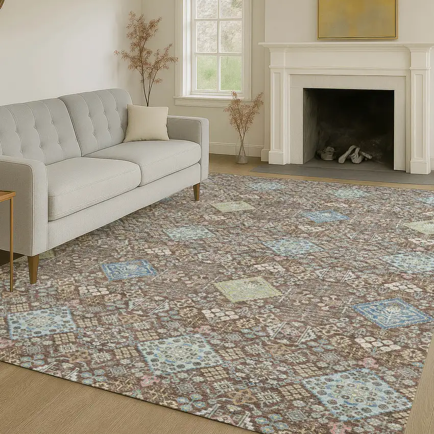 Chocolate And Green Oriental Washable Indoor Outdoor Area Rug Photo 6