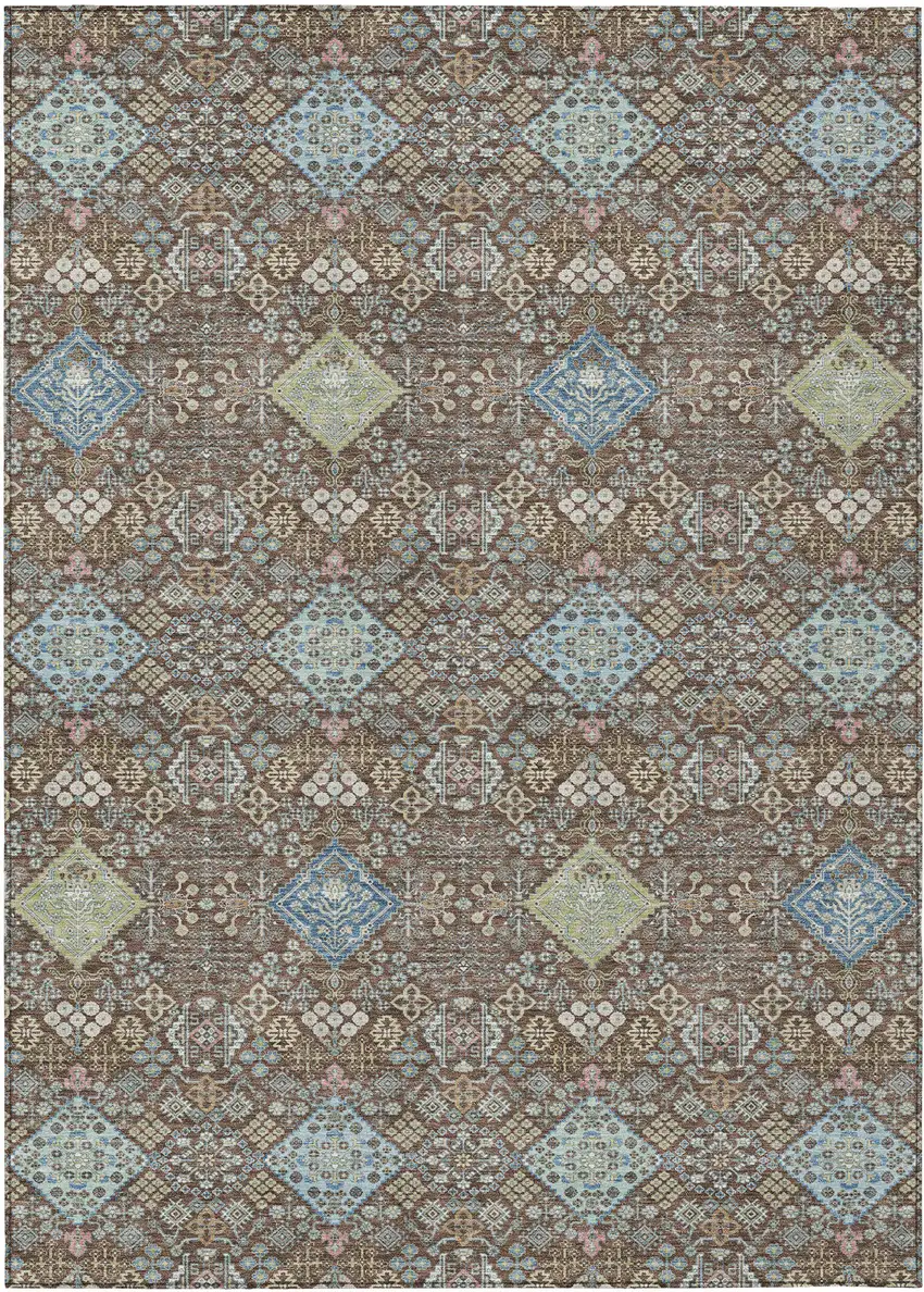 Chocolate And Green Oriental Washable Indoor Outdoor Area Rug Photo 1