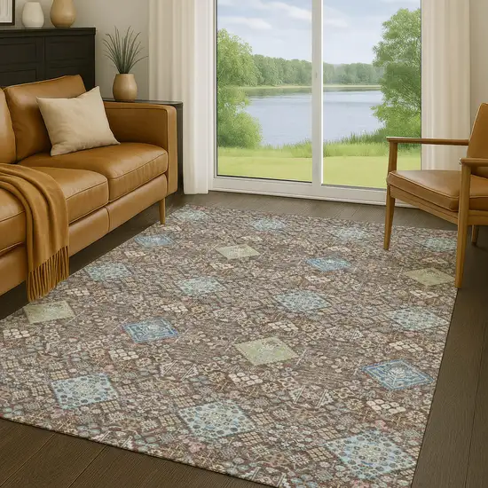 Chocolate And Green Oriental Washable Indoor Outdoor Area Rug Photo 5