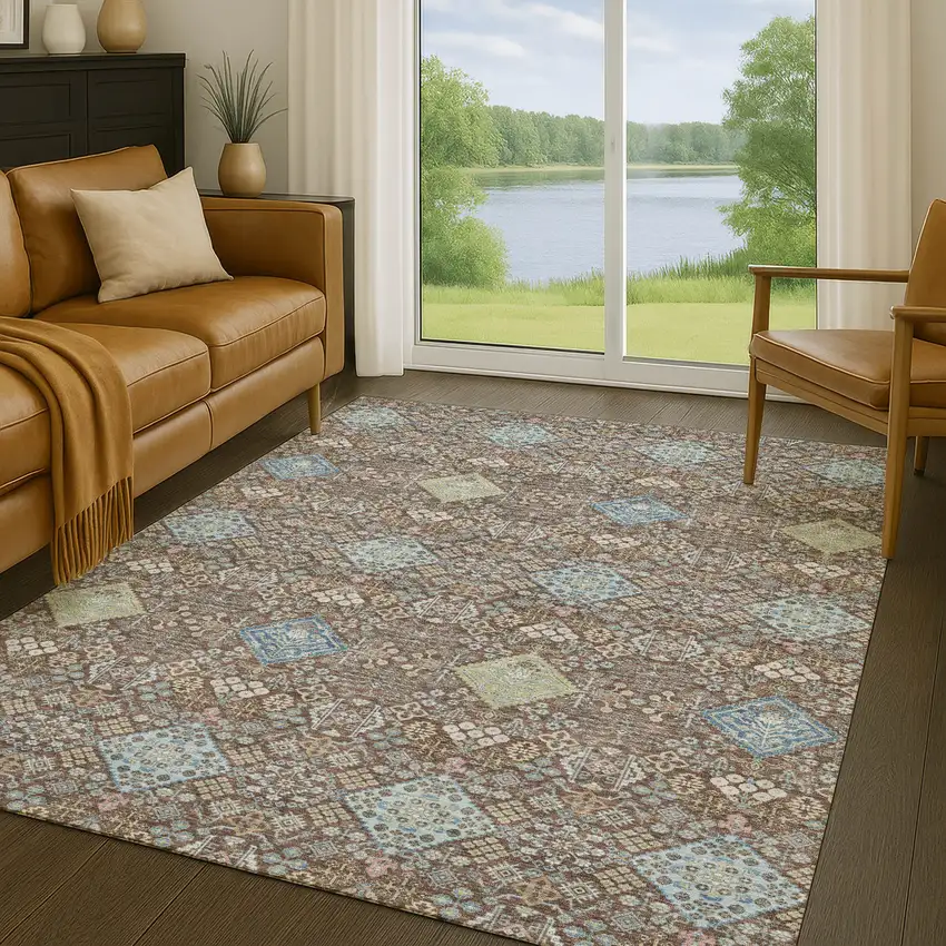 Chocolate And Green Oriental Washable Indoor Outdoor Area Rug Photo 5