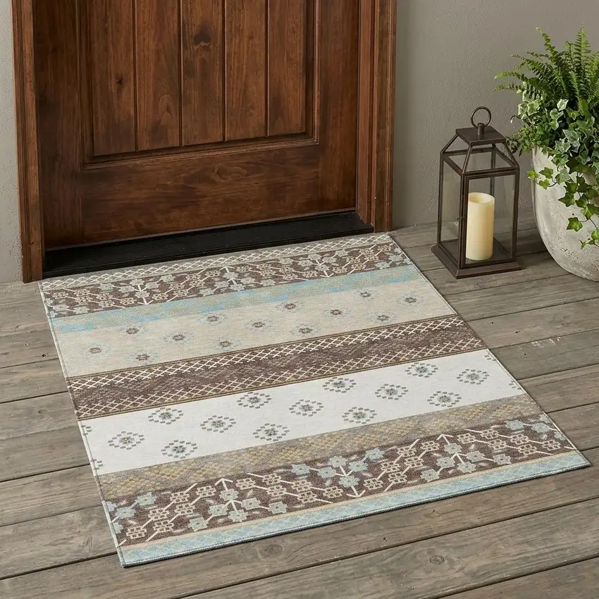 Chocolate And Green Striped Washable Indoor Outdoor Area Rug Photo 1