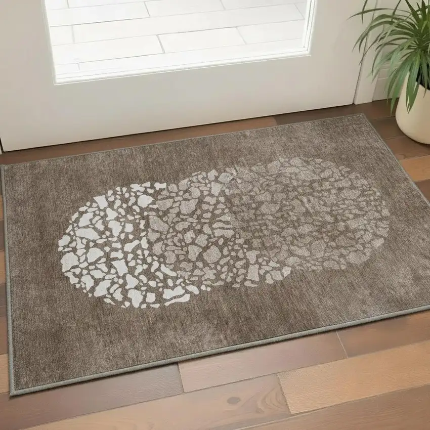 Chocolate And Ivory Abstract Washable Area Rug With UV Protection Photo 2